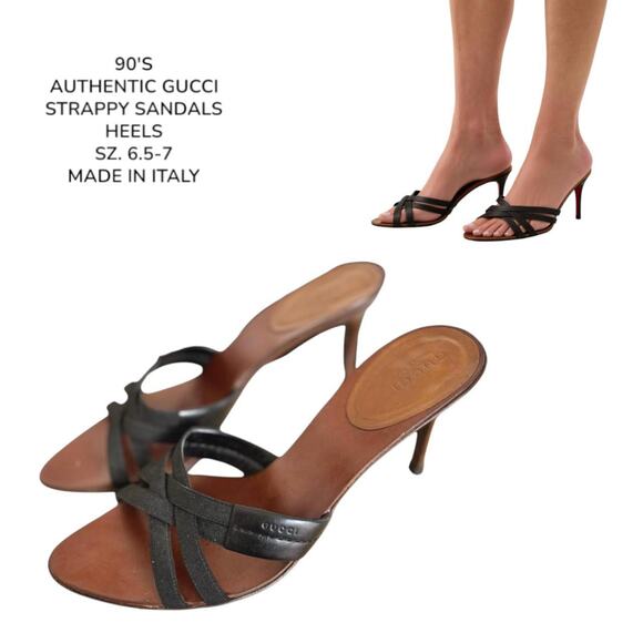 AUTHENTIC 90'S VTG. GUCCI STRAPPY SLIP ON HEELS SANDALS SZ. 6.5-7 MADE IN ITALY - Picture 1 of 8